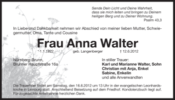 Traueranzeige von Anna Walter von Pegnitz-Zeitung